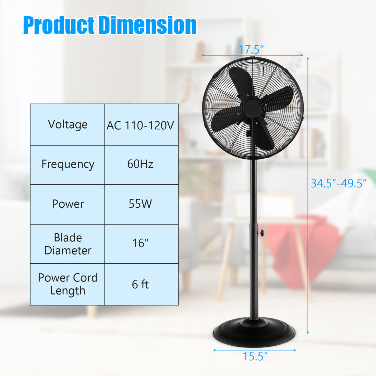 Ventilateur sur Pied Oscillant 16 Pouces - Hauteur Réglable et 3 Vitesses