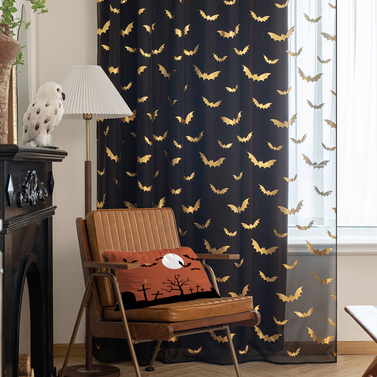 Rideaux Sheer au Motif de Chauve-Souris - Ambiance Mystique et Intimité Subtile