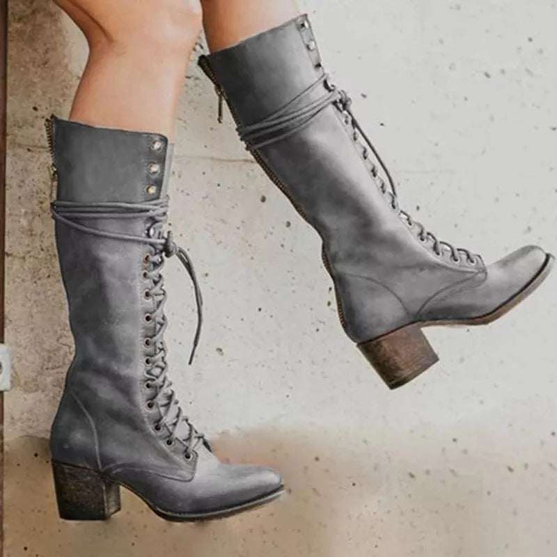 Bottes Longues Noires pour Femmes - Talon Épais et Lacées en Cuir PU