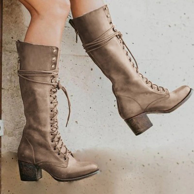 Bottes Longues Noires pour Femmes - Talon Épais et Lacées en Cuir PU