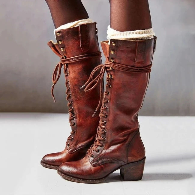 Bottes Longues Noires pour Femmes - Talon Épais et Lacées en Cuir PU