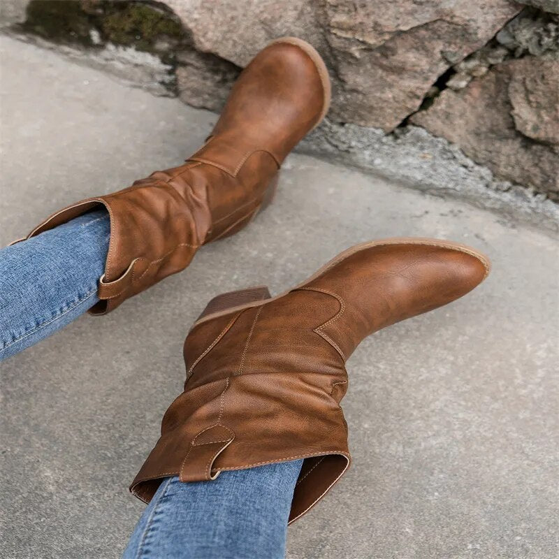 Bottines en Cuir pour Femmes - Design Western Élégant et Confortable