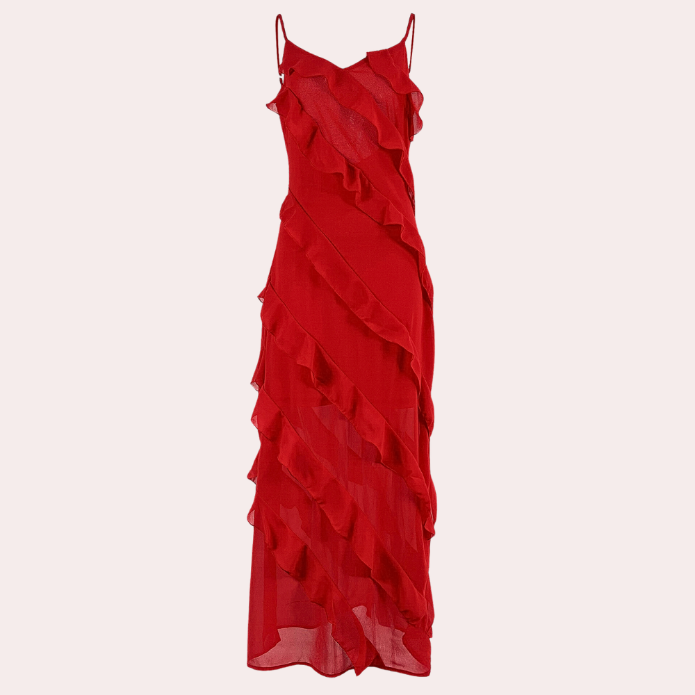Robe Longue Élégante d'Été - Volants et Fente Stylée sur le Côté