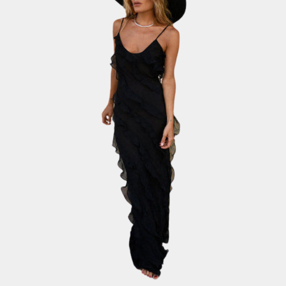 Robe Longue Élégante d'Été - Volants et Fente Stylée sur le Côté