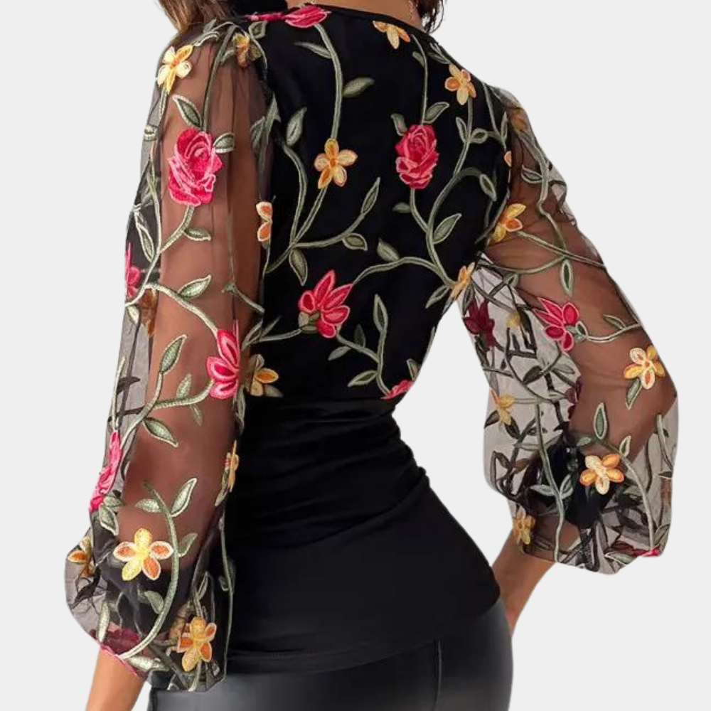 Haut Élégant en Coton Noir - Broderie Florale Délicate et Léger