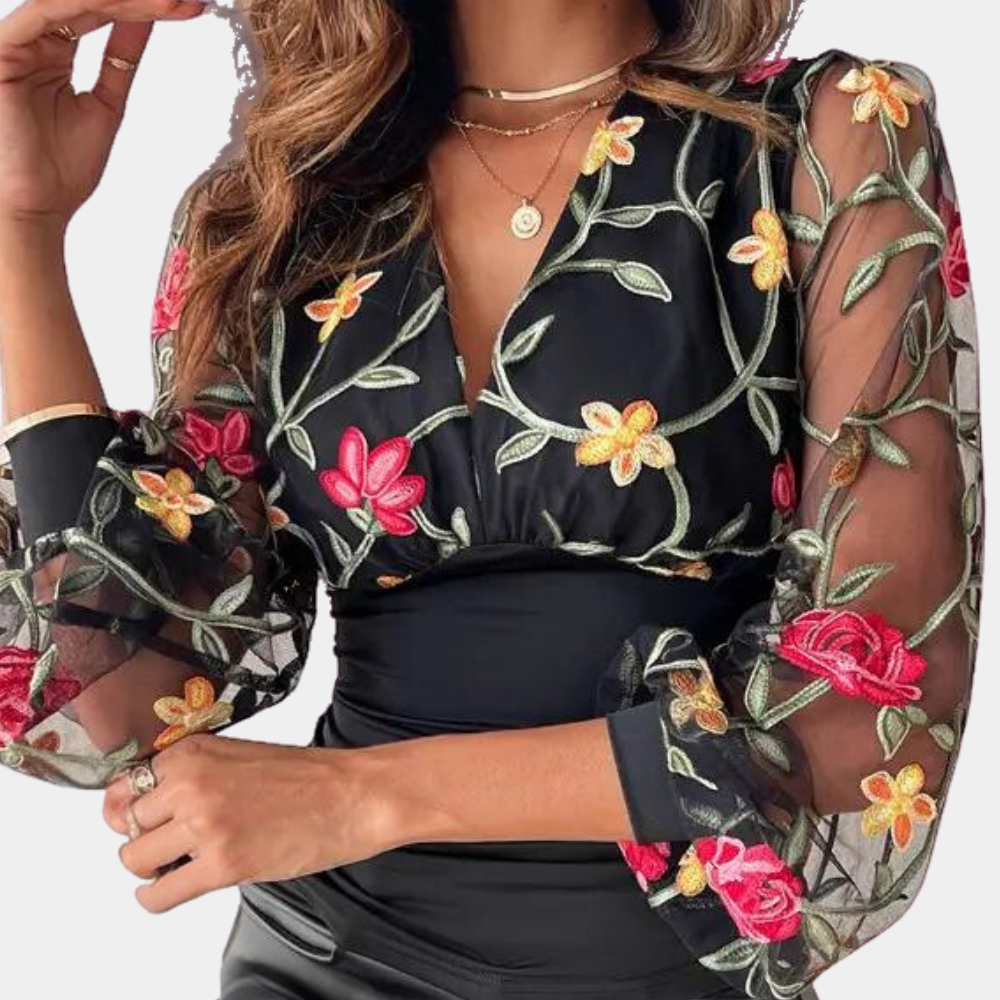 Haut Élégant en Coton Noir - Broderie Florale Délicate et Léger