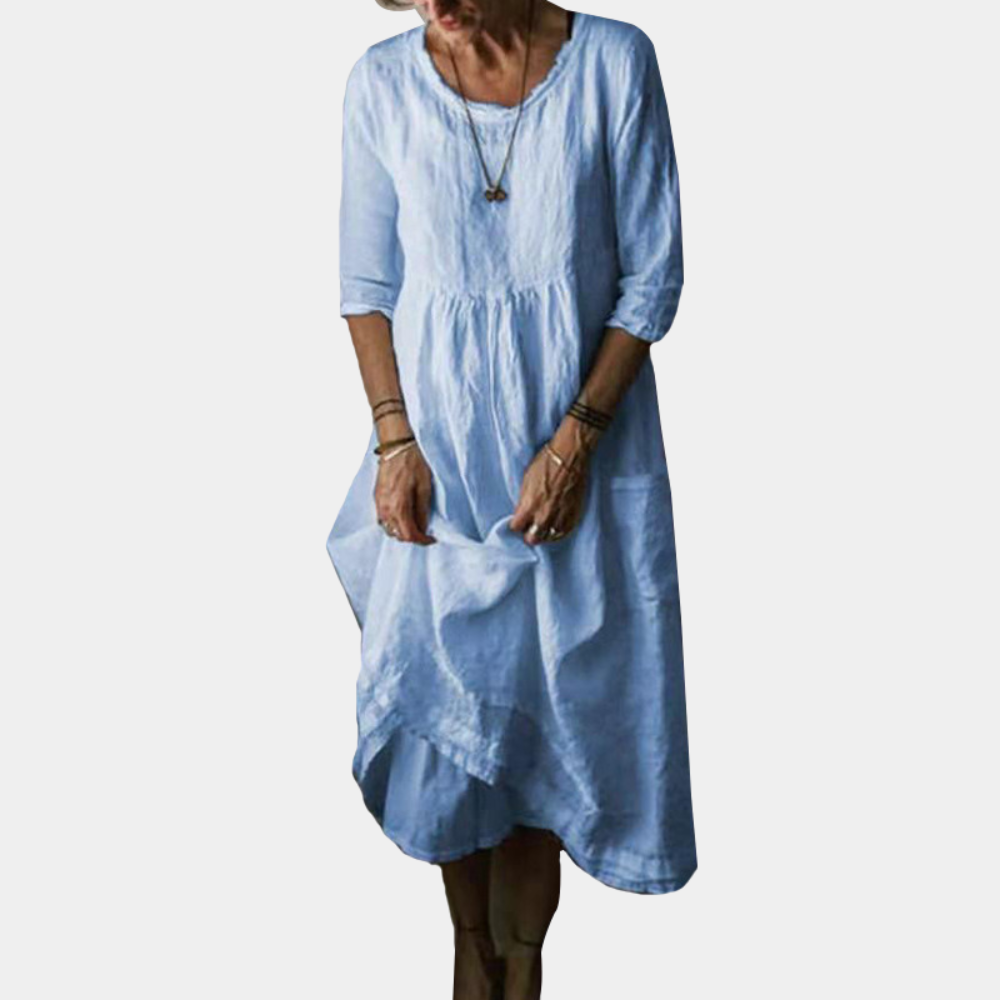 Robe Midi Vintage Élégante - Manches Courtes en Coton-Lin