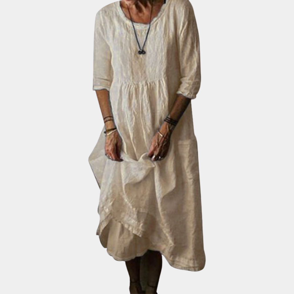 Robe Midi Vintage Élégante - Manches Courtes en Coton-Lin