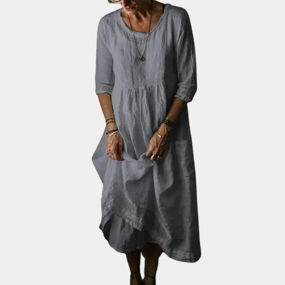 Robe Midi Vintage Élégante - Manches Courtes en Coton-Lin