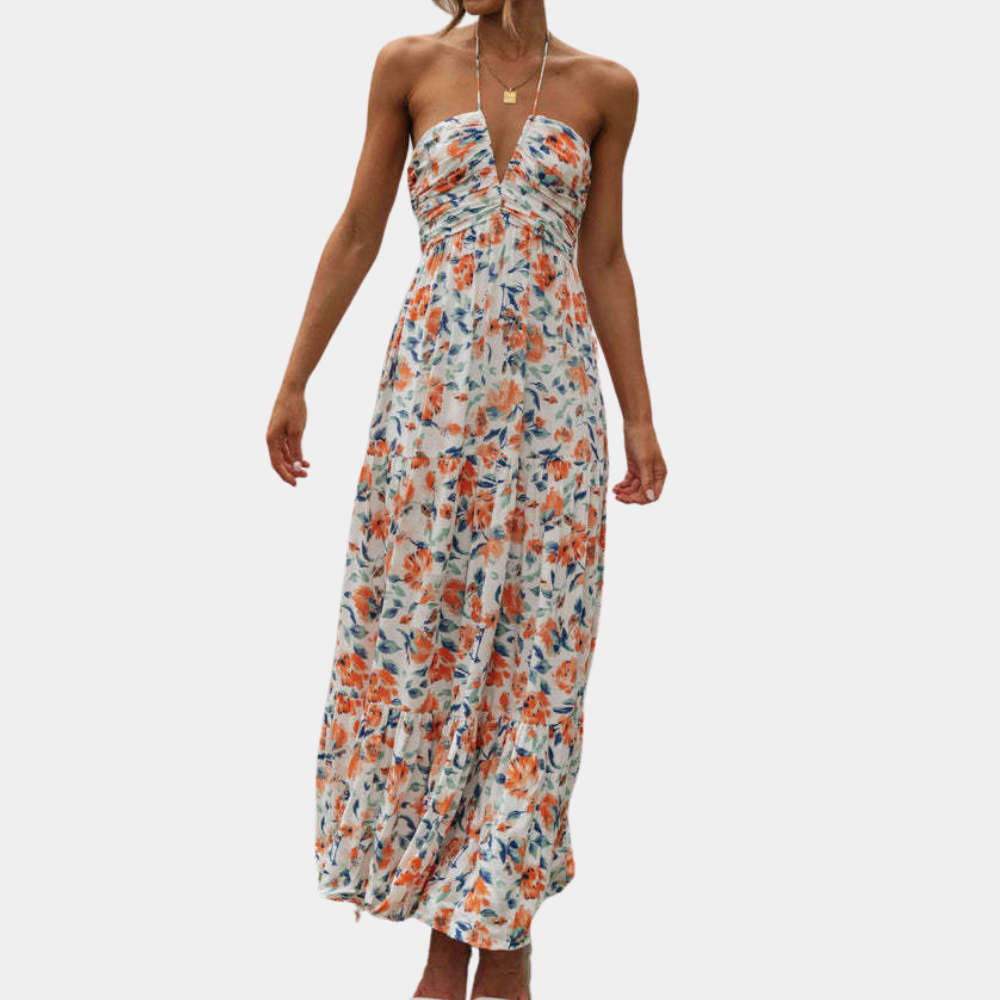 Robe Maxi Longue Élégante - Tissu Léger et Col Halter Flatteur