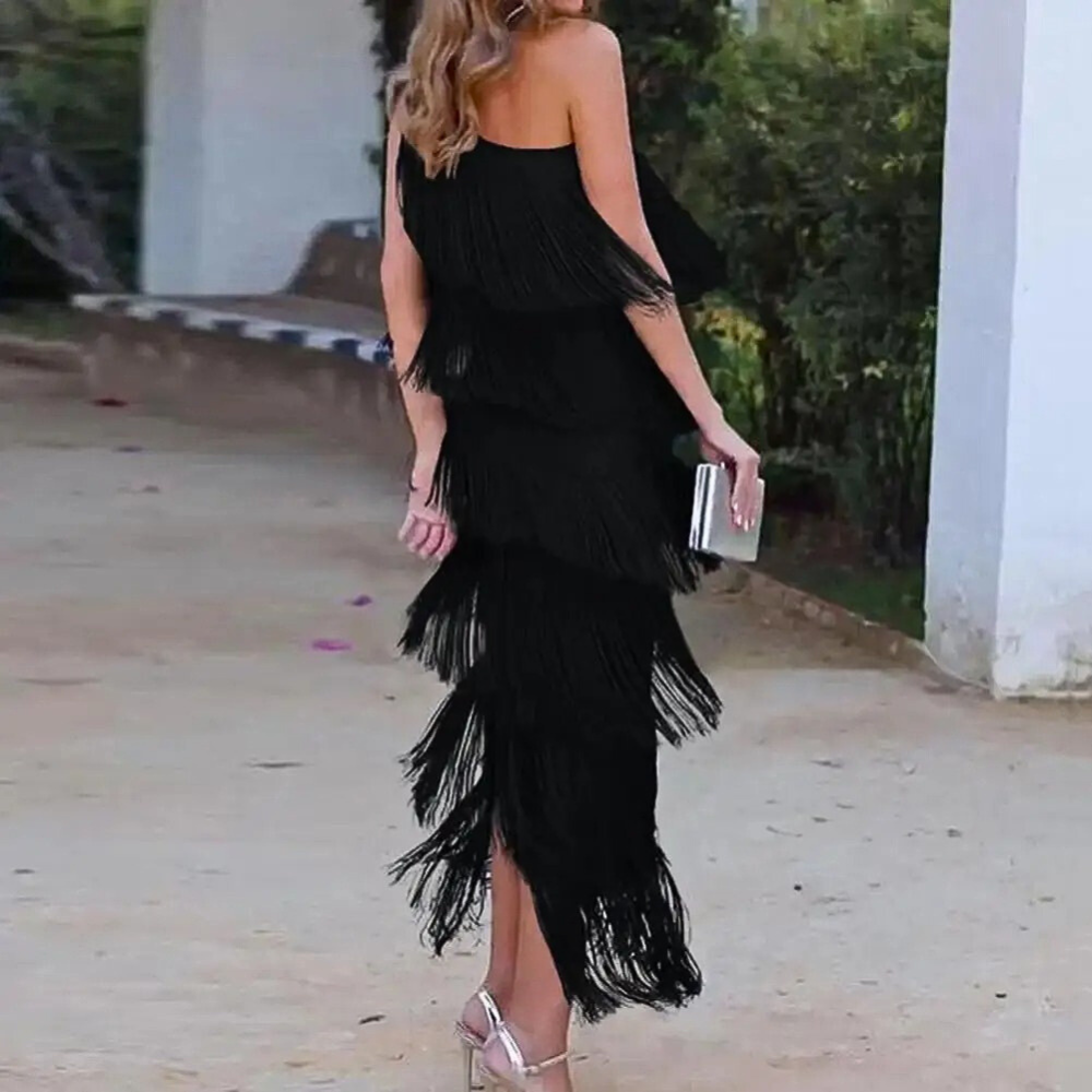 Robe Élégante à Une Épaule - Franges Stylées pour Événements Formels