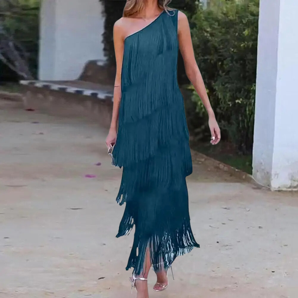 Robe Élégante à Une Épaule - Franges Stylées pour Événements Formels