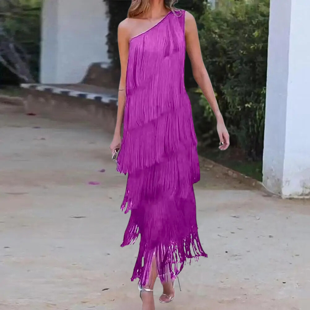 Robe Élégante à Une Épaule - Franges Stylées pour Événements Formels