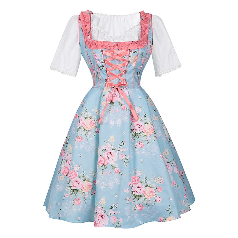 Robe Dirndl Fleurie Rose - Ensemble Traditionnel avec Tablier et Blouse