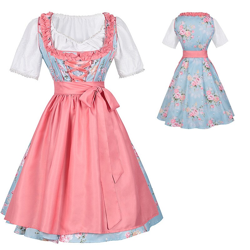 Robe Dirndl Fleurie Rose - Ensemble Traditionnel avec Tablier et Blouse