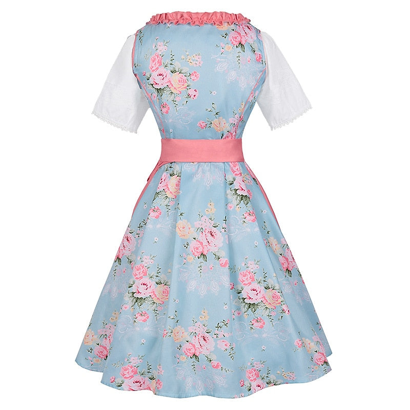 Robe Dirndl Fleurie Rose - Ensemble Traditionnel avec Tablier et Blouse