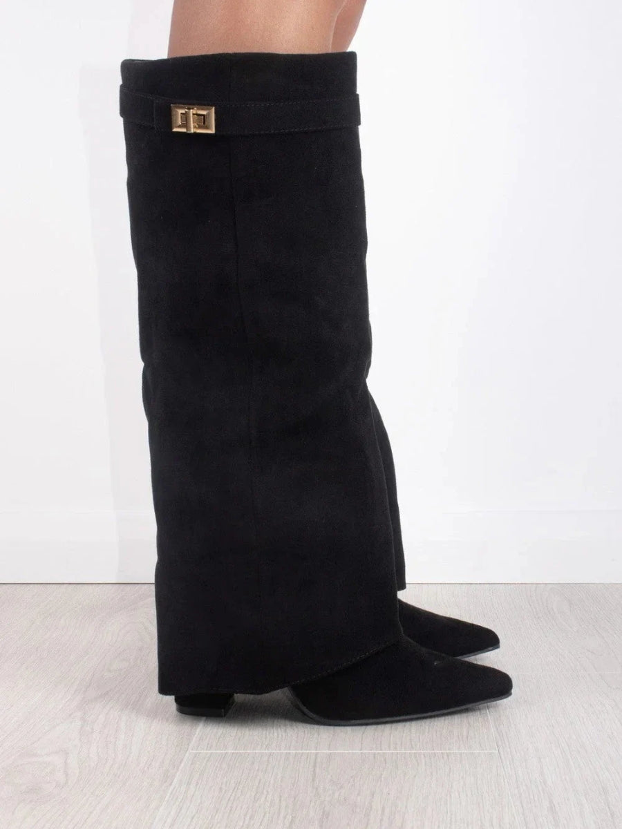 Bottes en Daim Noir pour Femmes - Élégance et Confort avec Accents Dorés