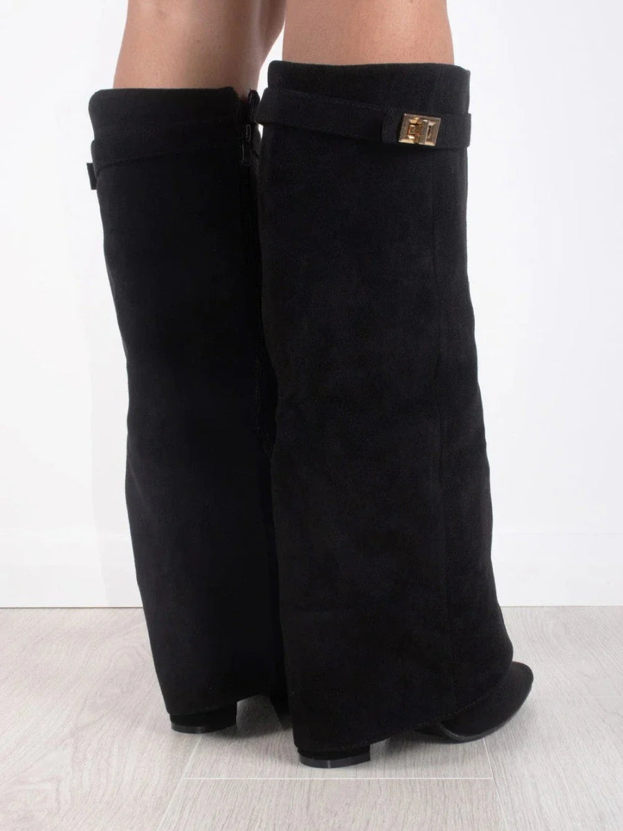 Bottes en Daim Noir pour Femmes - Élégance et Confort avec Accents Dorés