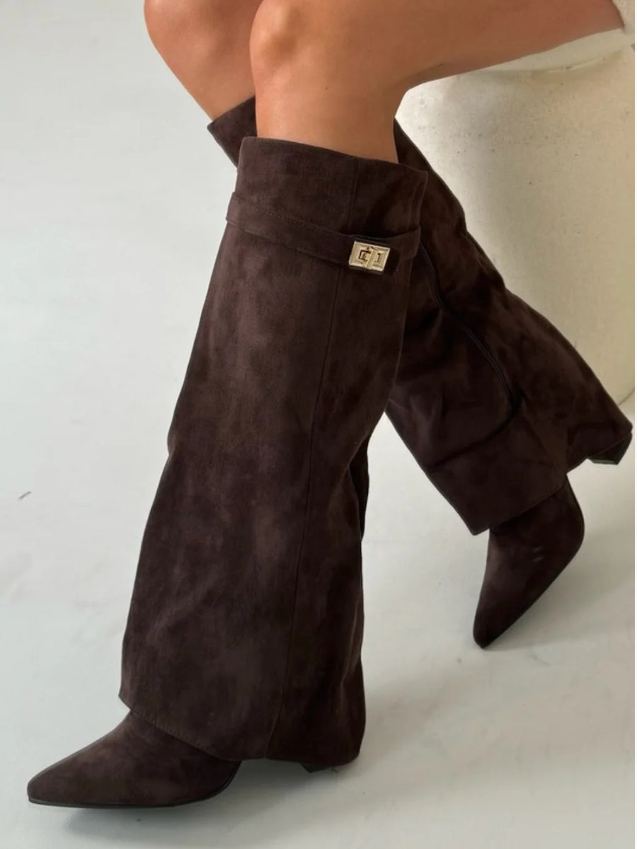 Bottes en Daim Noir pour Femmes - Élégance et Confort avec Accents Dorés