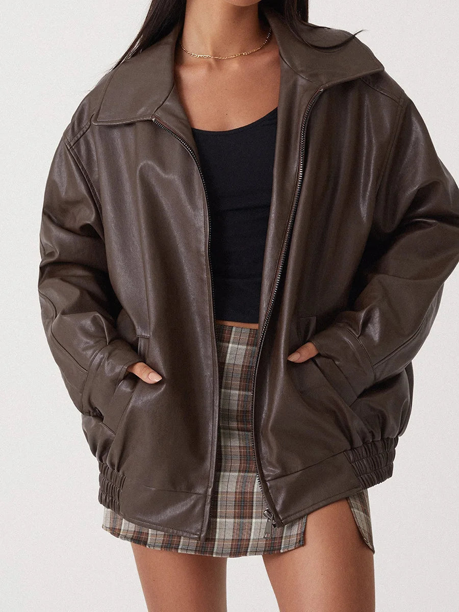 Veste Bomber en Cuir Oversize - Style Décontracté et Élégant pour Femmes