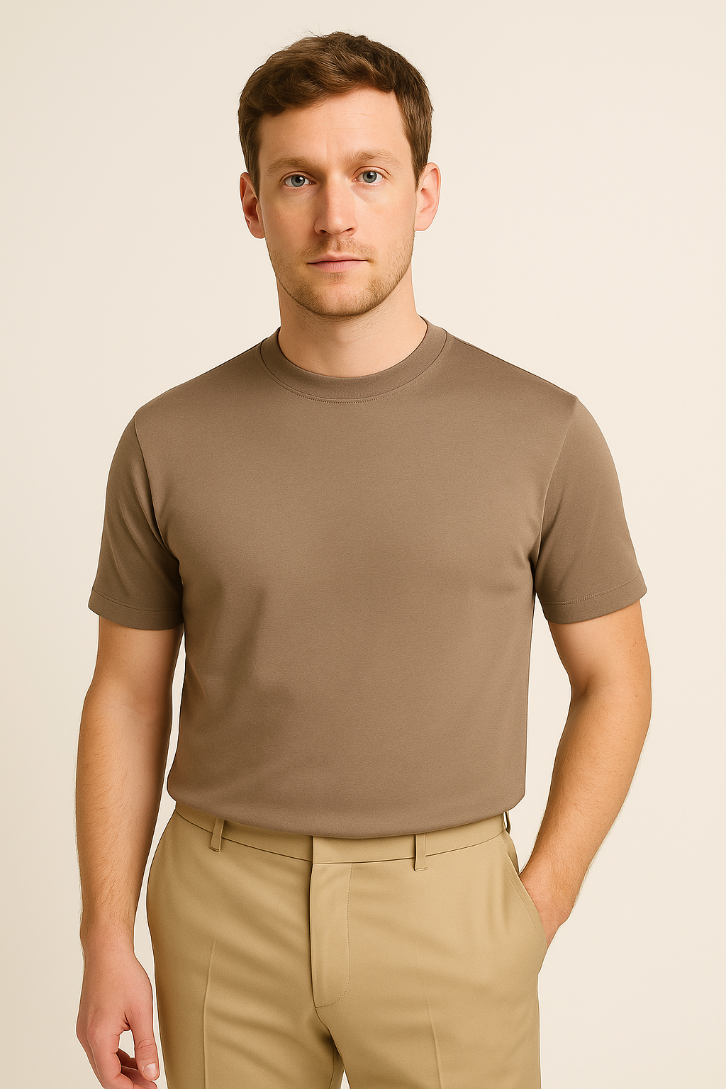 T-shirt khaki sur mesure luxe - Élégance Discrète et Confort Exceptionnel