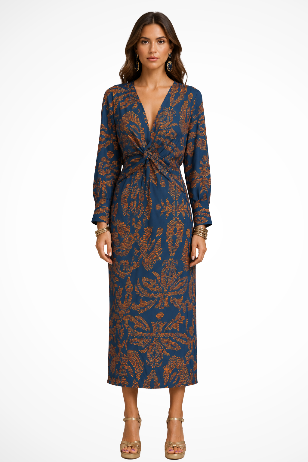 Robe midi élégante imprimée femme col en V et manches longues raffinées