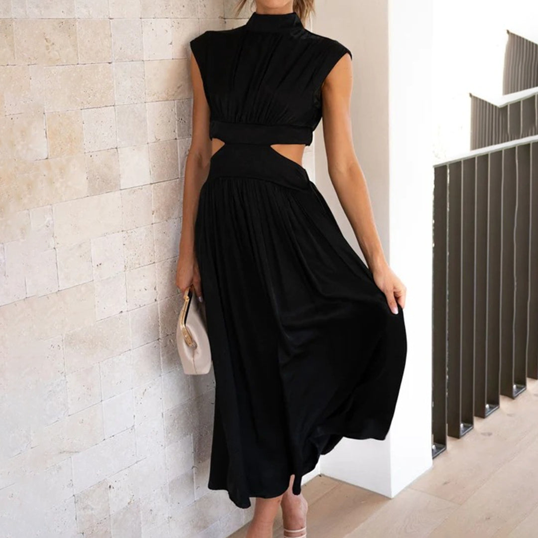 Robe d'Été en Polyester pour Femmes - Élégante à Manches Courtes et Col Montant
