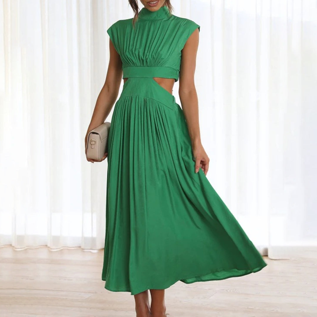 Robe d'Été en Polyester pour Femmes - Élégante à Manches Courtes et Col Montant