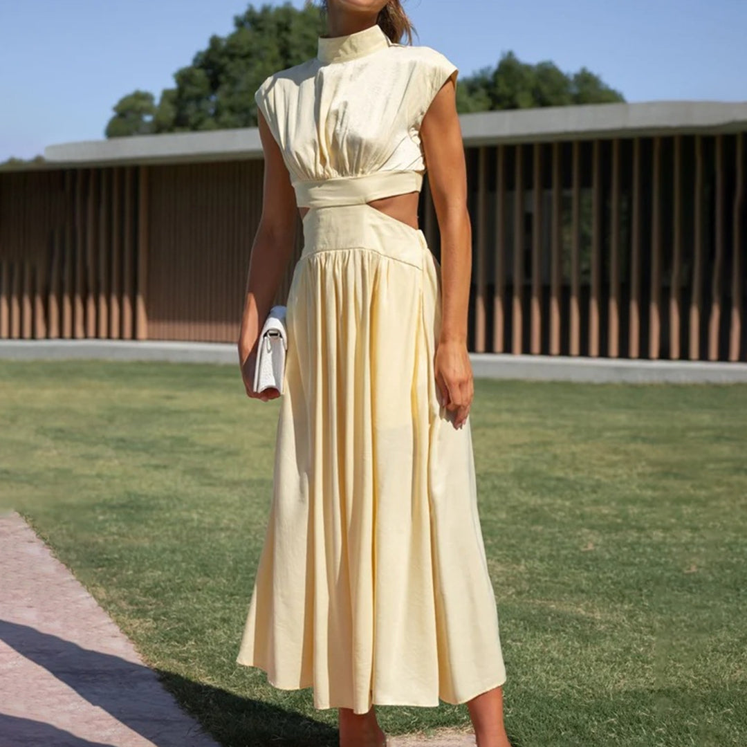 Robe d'Été en Polyester pour Femmes - Élégante à Manches Courtes et Col Montant