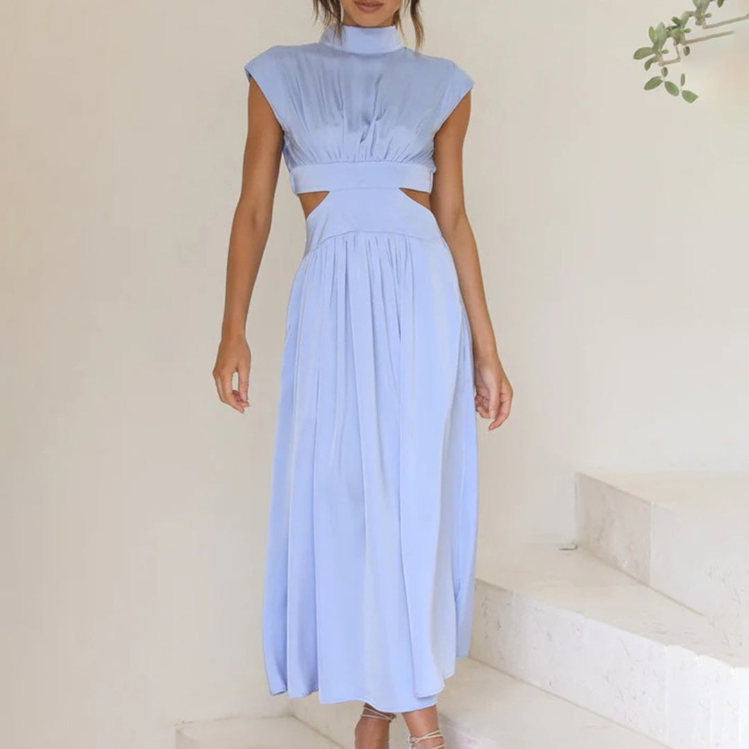 Robe d'Été en Polyester pour Femmes - Élégante à Manches Courtes et Col Montant