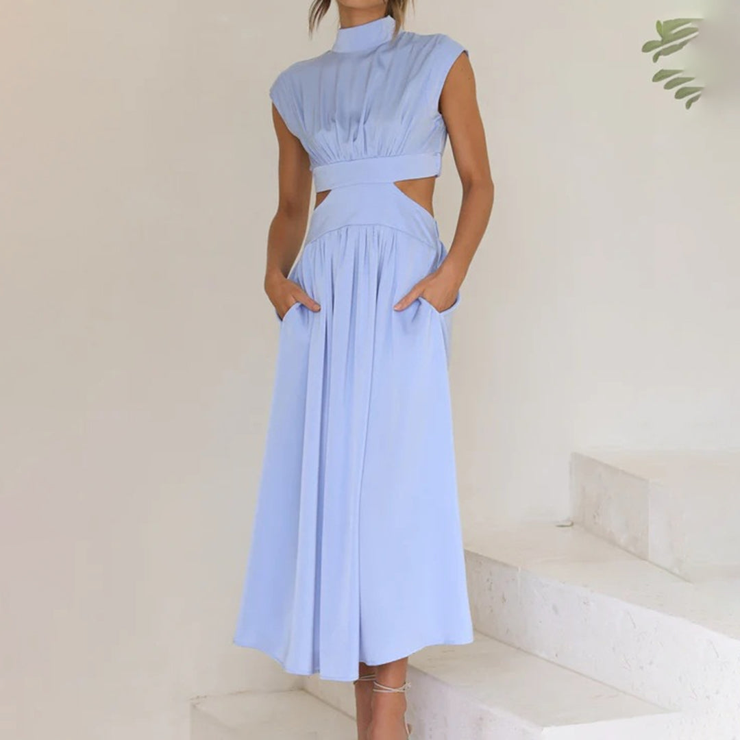 Robe d'Été en Polyester pour Femmes - Élégante à Manches Courtes et Col Montant