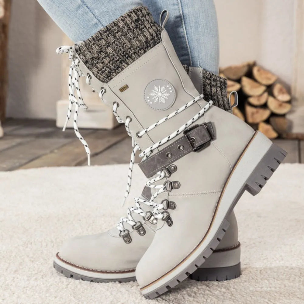 Bottes d'Hiver à Lacets pour Femmes - Bord Tricoté et Semelle Antidérapante