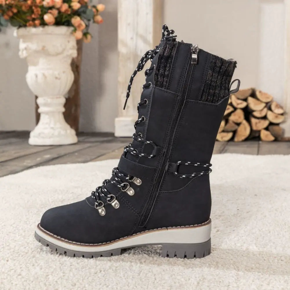 Bottes d'Hiver à Lacets pour Femmes - Bord Tricoté et Semelle Antidérapante