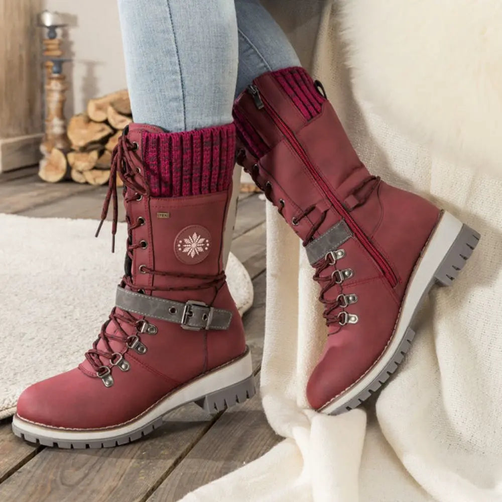 Bottes d'Hiver à Lacets pour Femmes - Bord Tricoté et Semelle Antidérapante