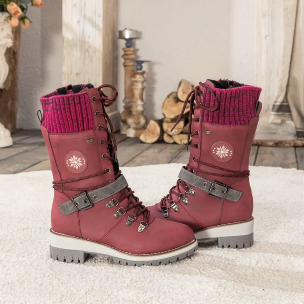 Bottes d'Hiver à Lacets pour Femmes - Bord Tricoté et Semelle Antidérapante