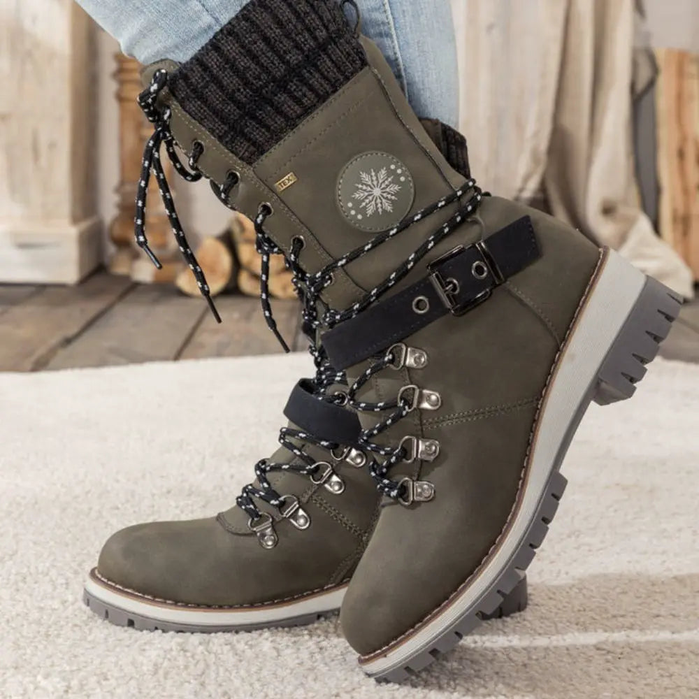 Bottes d'Hiver à Lacets pour Femmes - Bord Tricoté et Semelle Antidérapante