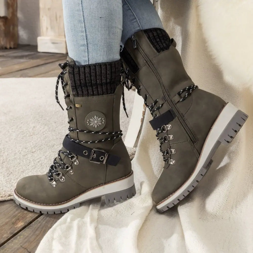 Bottes d'Hiver à Lacets pour Femmes - Bord Tricoté et Semelle Antidérapante