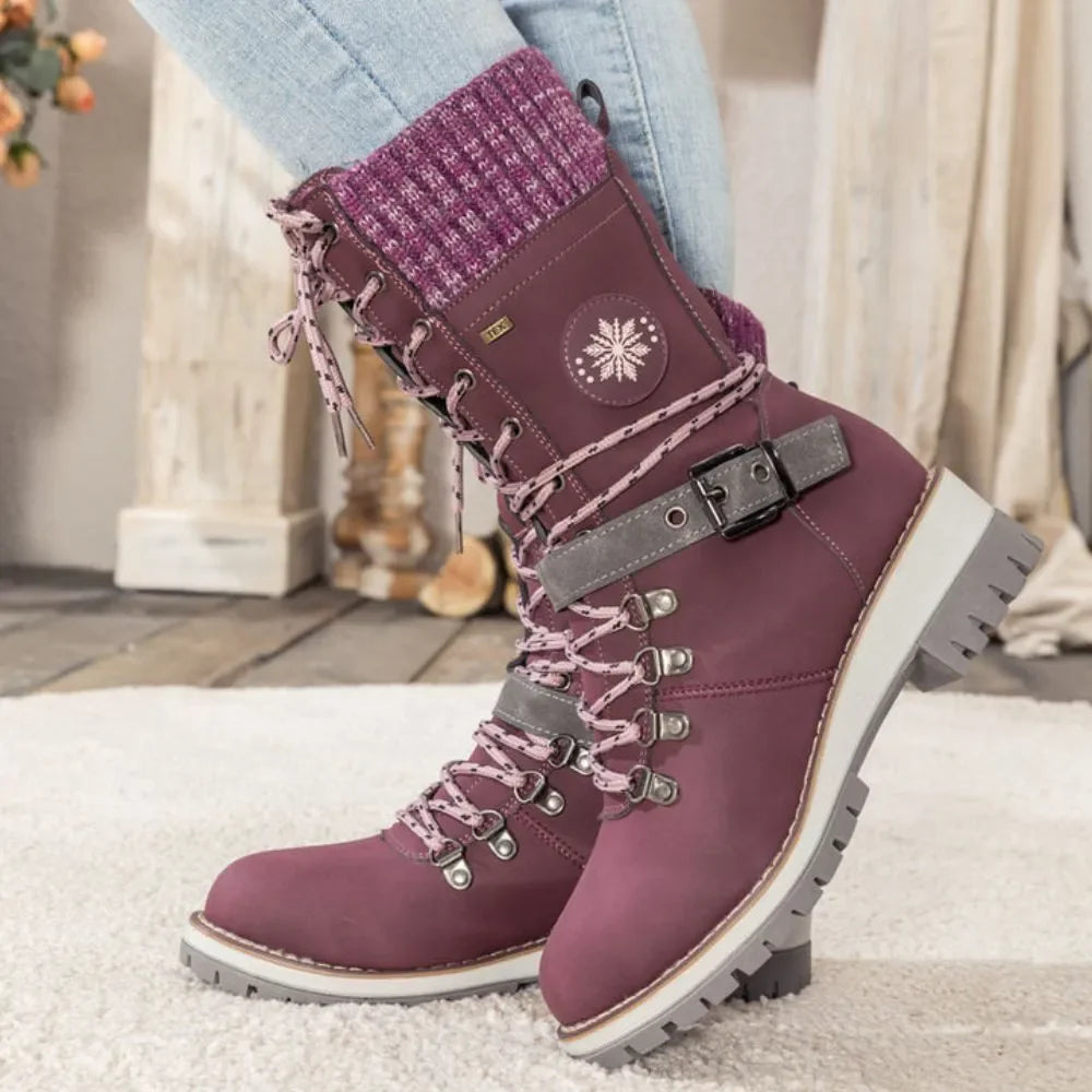 Bottes d'Hiver à Lacets pour Femmes - Bord Tricoté et Semelle Antidérapante