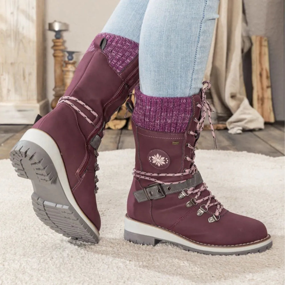 Bottes d'Hiver à Lacets pour Femmes - Bord Tricoté et Semelle Antidérapante