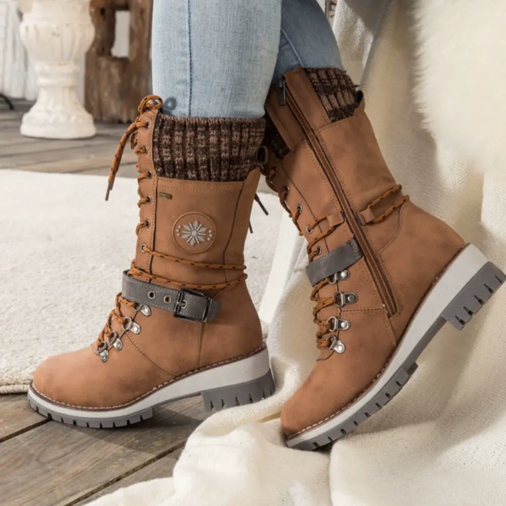 Bottes d'Hiver à Lacets pour Femmes - Bord Tricoté et Semelle Antidérapante