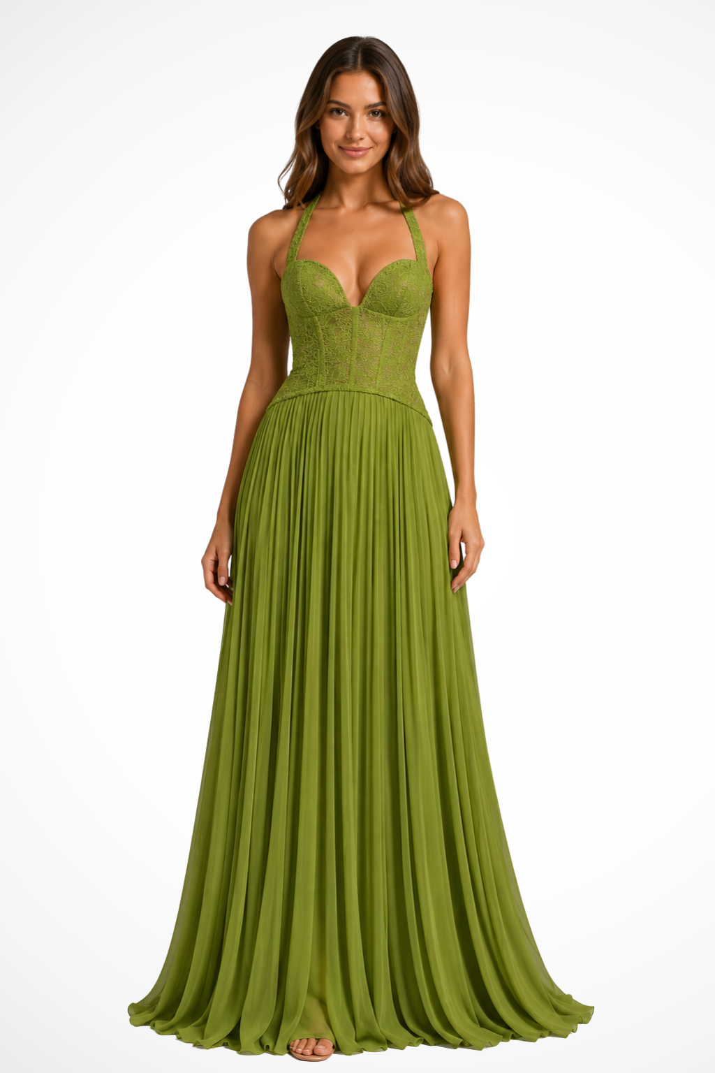 Robe maxi corset col licou fronces vert olive élégante pour mariage et soirée