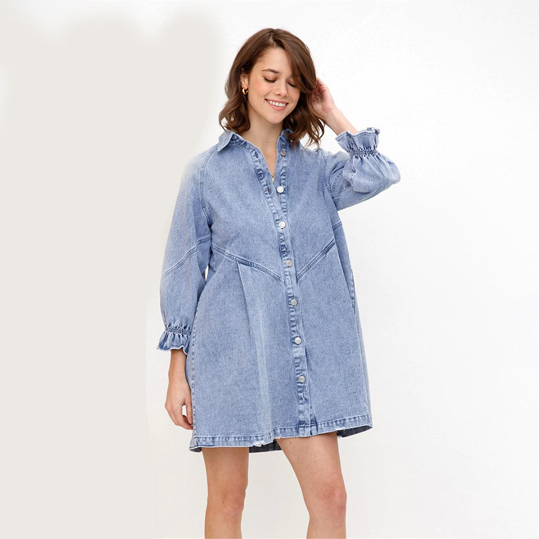 Robe Chemise en Jean Vintage - Manches Lanternes et Style Estival