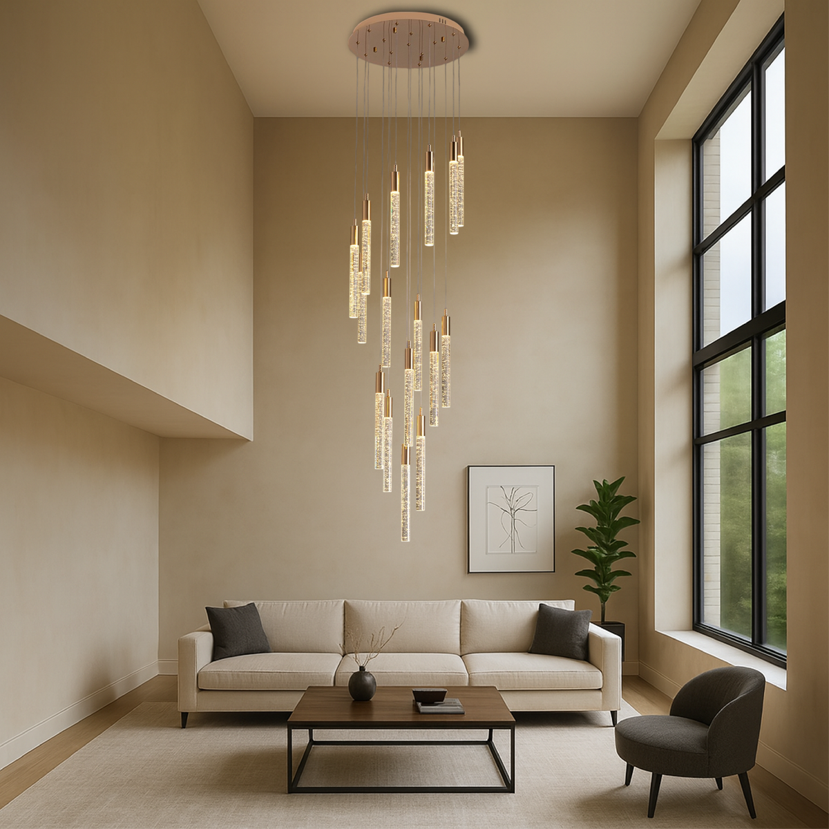 Lustre en Acrylique Doré - Élégance Contemporaine pour Escalier