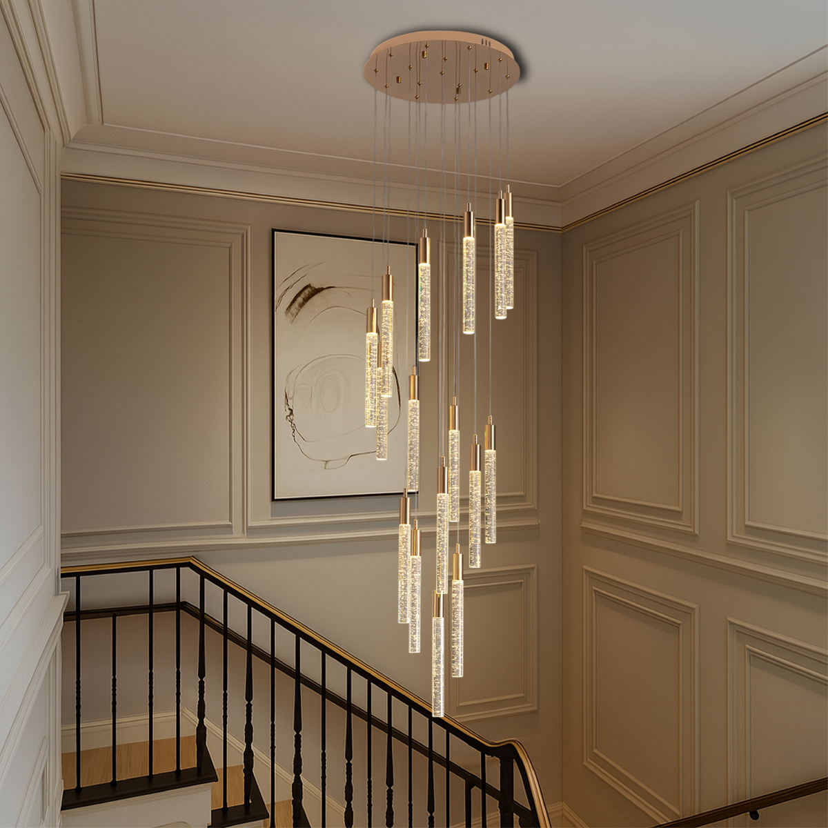 Lustre en Acrylique Doré - Élégance Contemporaine pour Escalier