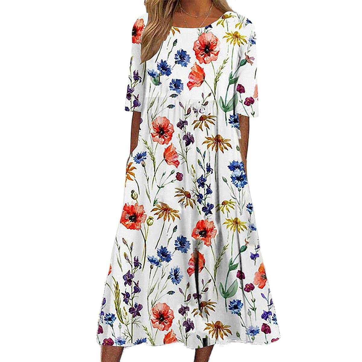 Robe Midi Fleurie pour Femmes - Tissu Aéré et Élégance Estivale
