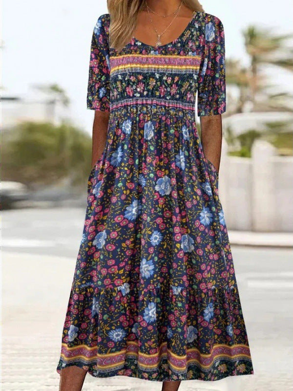 Robe Midi Fleurie pour Femmes - Tissu Aéré et Élégance Estivale