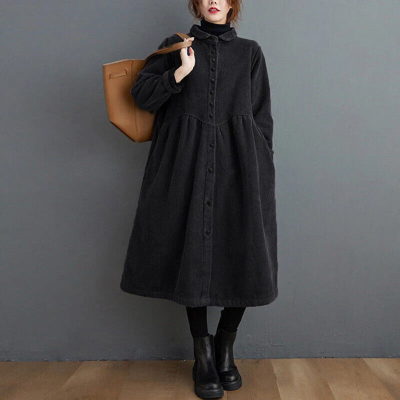 Manteau d'hiver Oversize en Velours Côtelé - Design à Boutons et Longueur Mi-Mollet