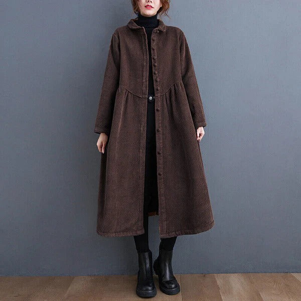 Manteau d'hiver Oversize en Velours Côtelé - Design à Boutons et Longueur Mi-Mollet