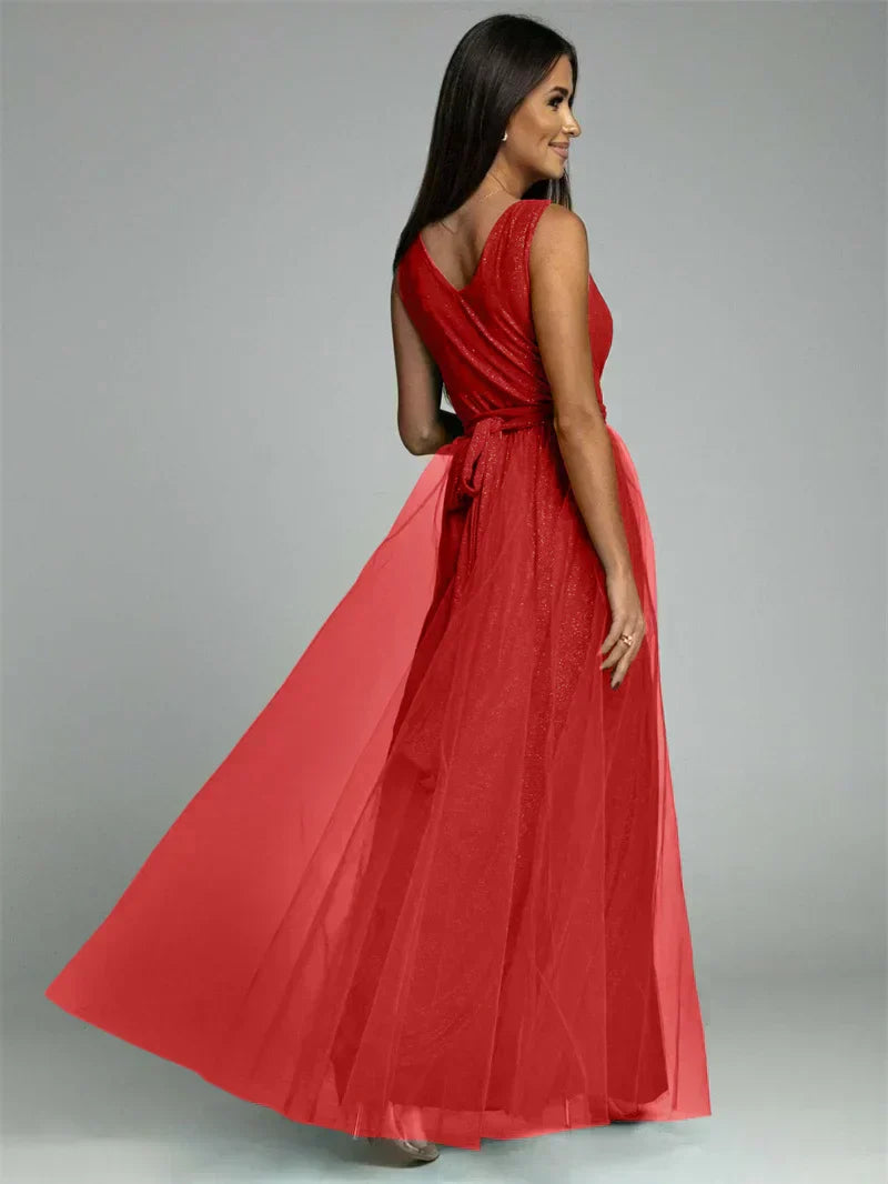 Robe Maxi Élégante avec Panneau en Maille - Confort et Glamour pour Toutes Occasions
