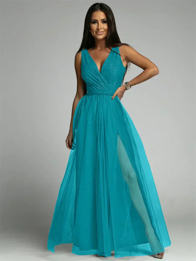 Robe Maxi Élégante avec Panneau en Maille - Confort et Glamour pour Toutes Occasions